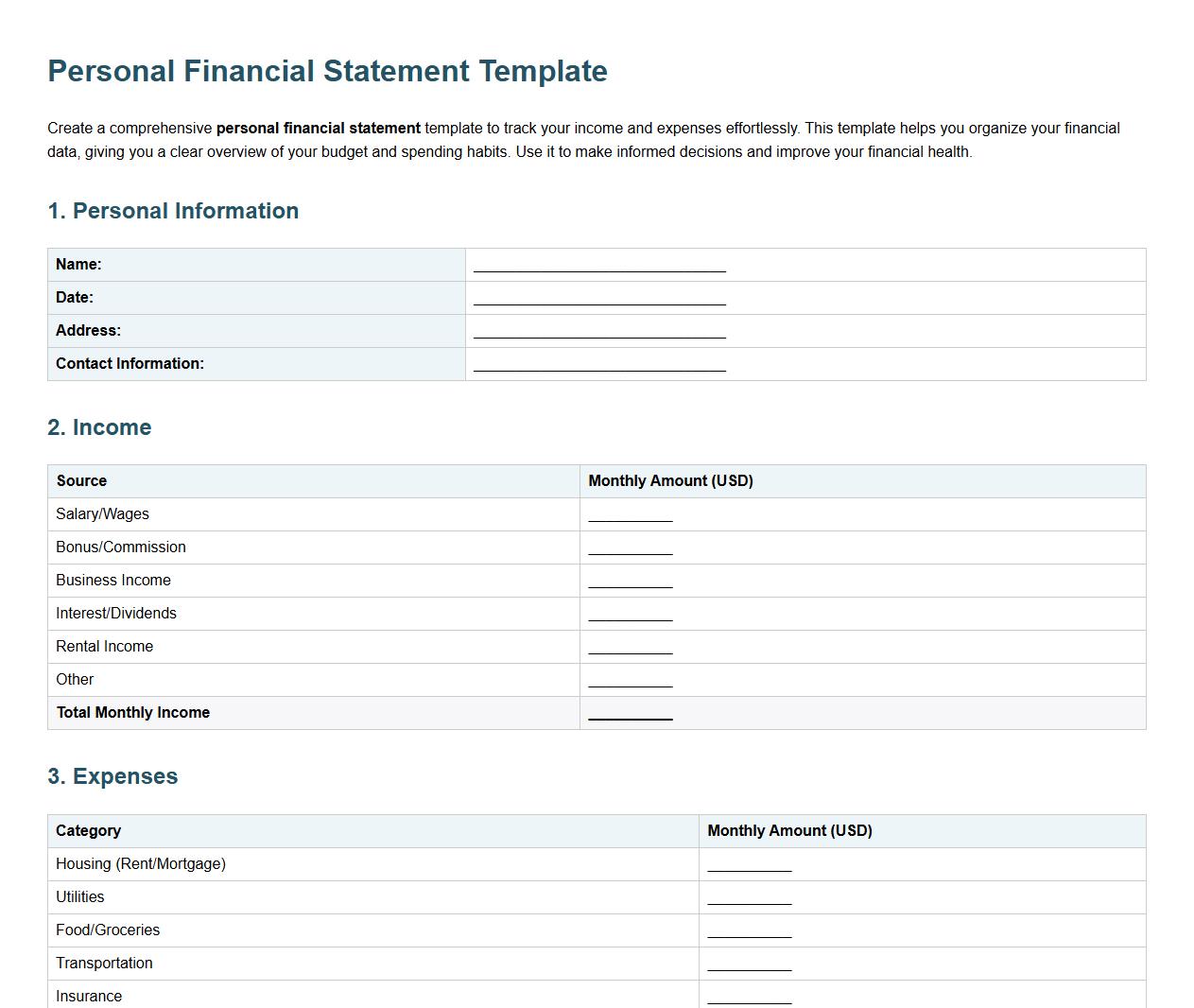 Personal financial statement template including income and expenses image preview