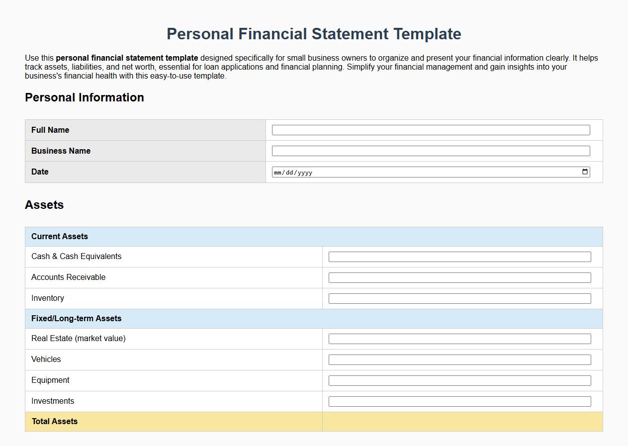 Personal financial statement template for small business owners image preview