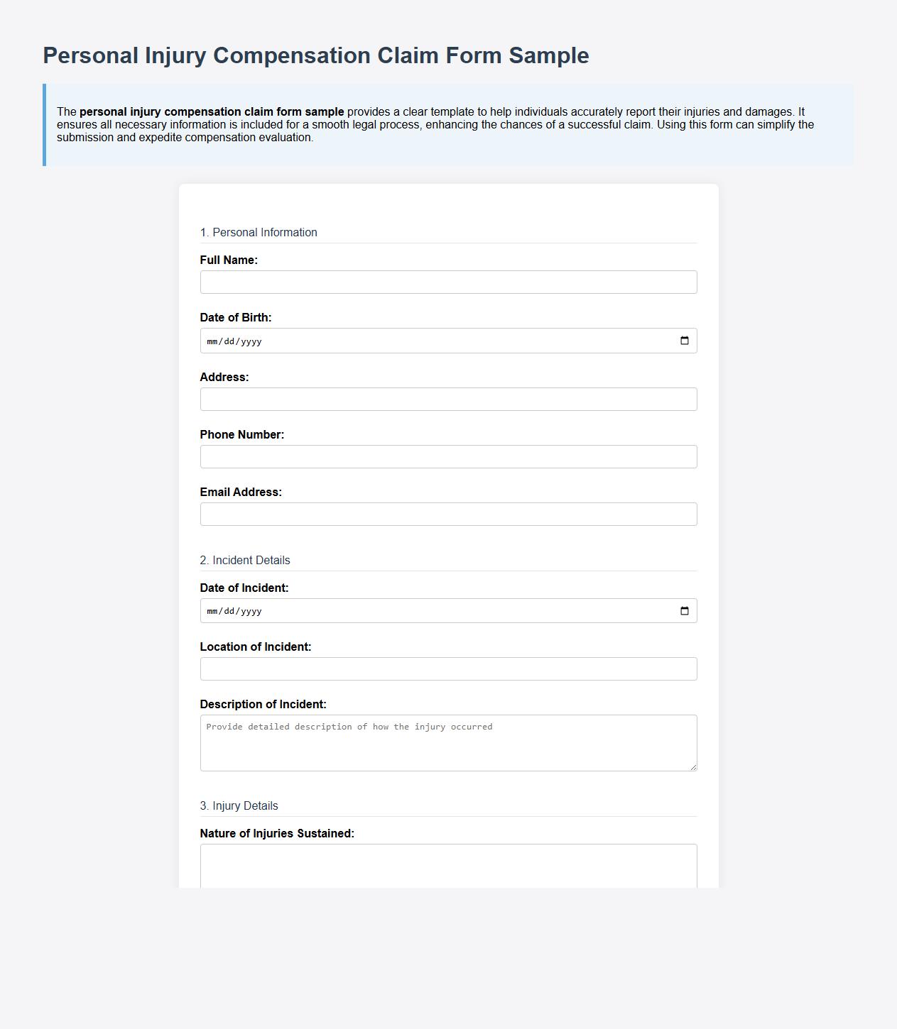 Personal injury compensation claim form sample image preview