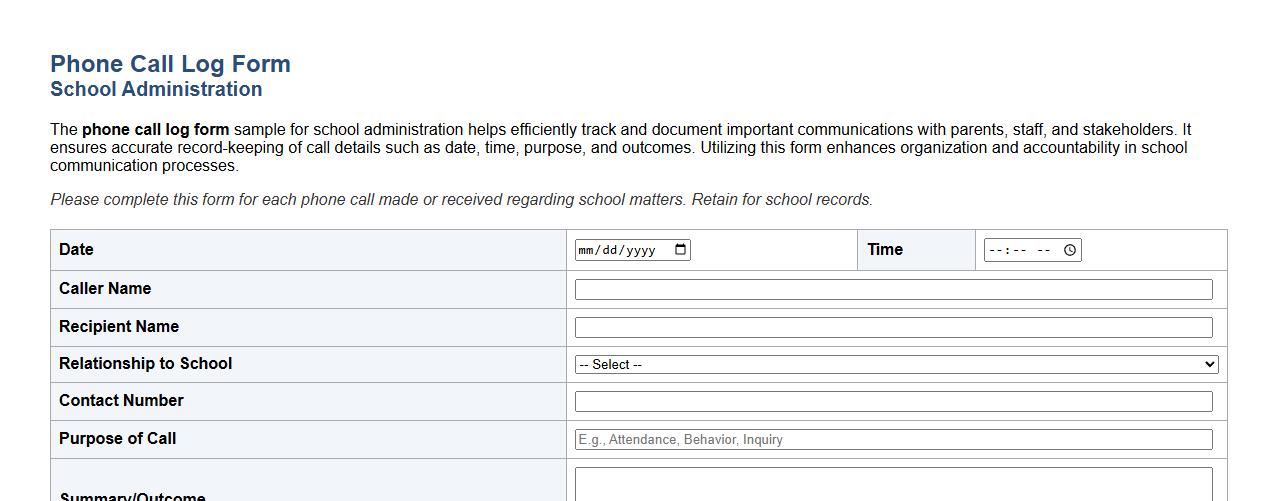 phone call log form sample for school administration image preview