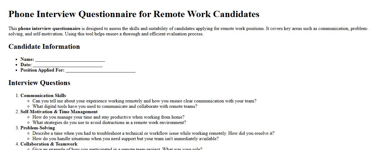 Phone interview questionnaire for remote work candidates image preview
