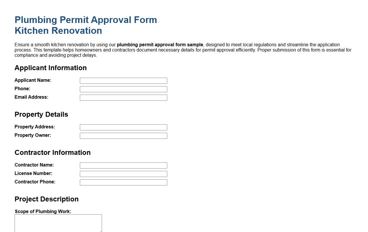 Plumbing permit approval form sample for kitchen renovation image preview