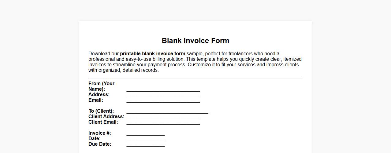 Printable blank invoice form sample for freelancers image preview