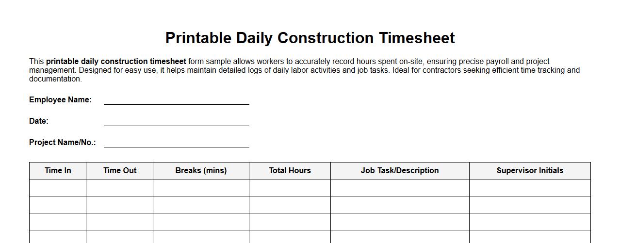 Printable daily construction timesheet form sample image preview