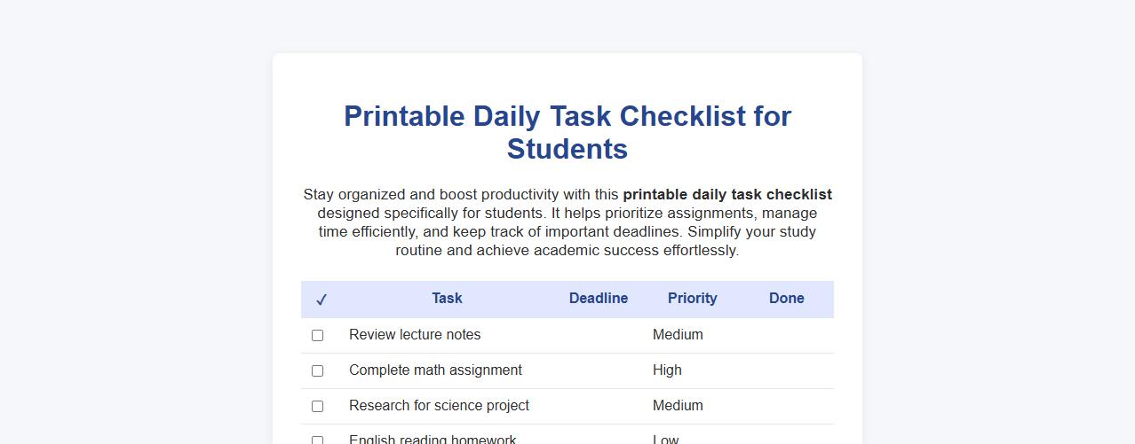 Printable daily task checklist for students image preview