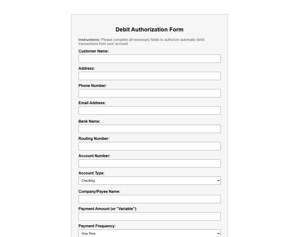 printable debit authorization form sample image preview