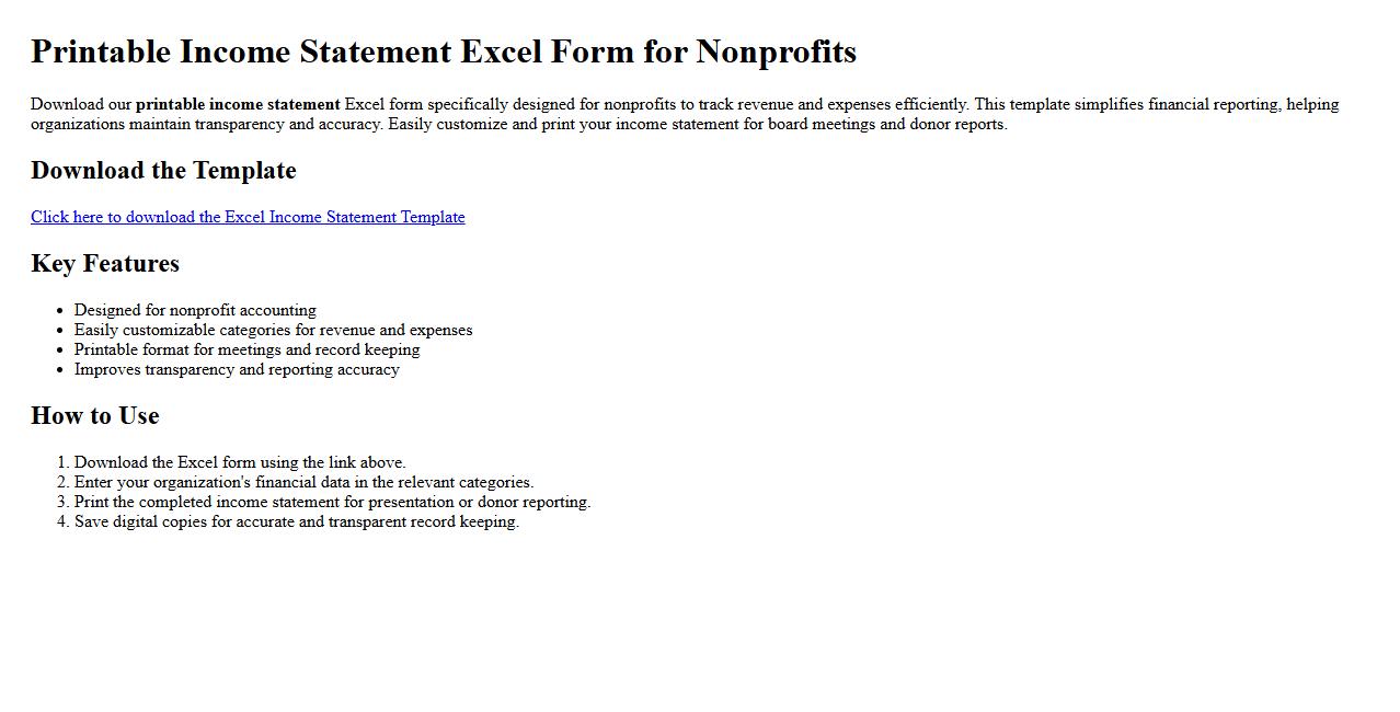 Printable income statement Excel form for nonprofits image preview