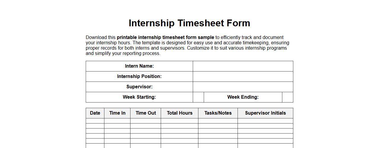 printable internship timesheet form sample image preview