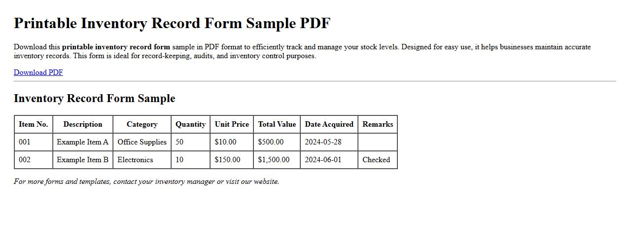 Printable inventory record form sample PDF image preview