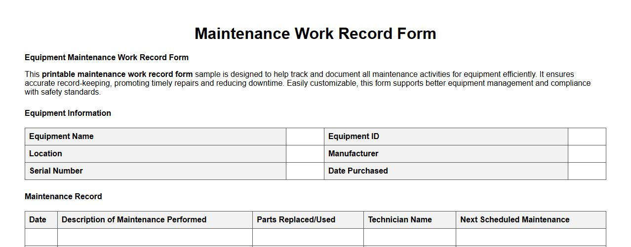 printable maintenance work record form sample for equipment image preview