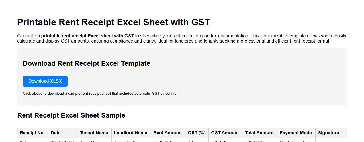 printable rent receipt excel sheet with GST image preview
