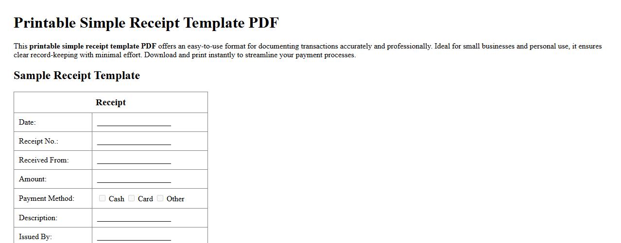 Printable simple receipt template PDF image preview