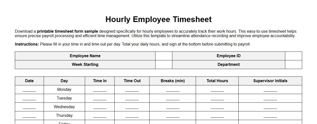 printable timesheet form sample for hourly employees image preview