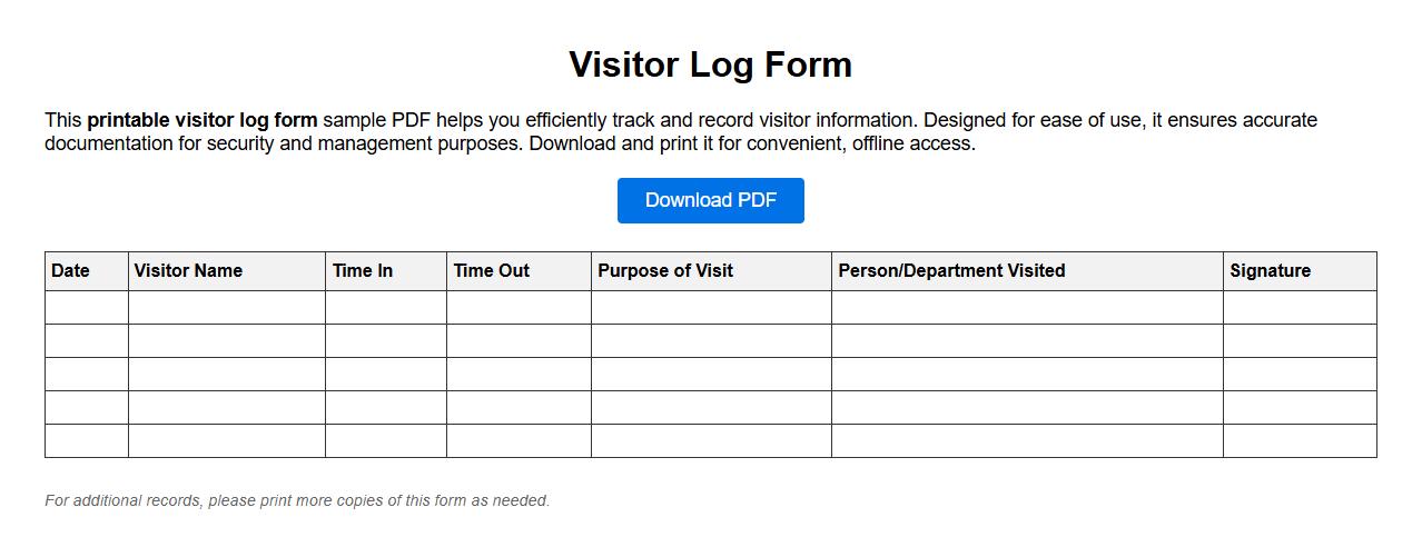 printable visitor log form sample pdf image preview