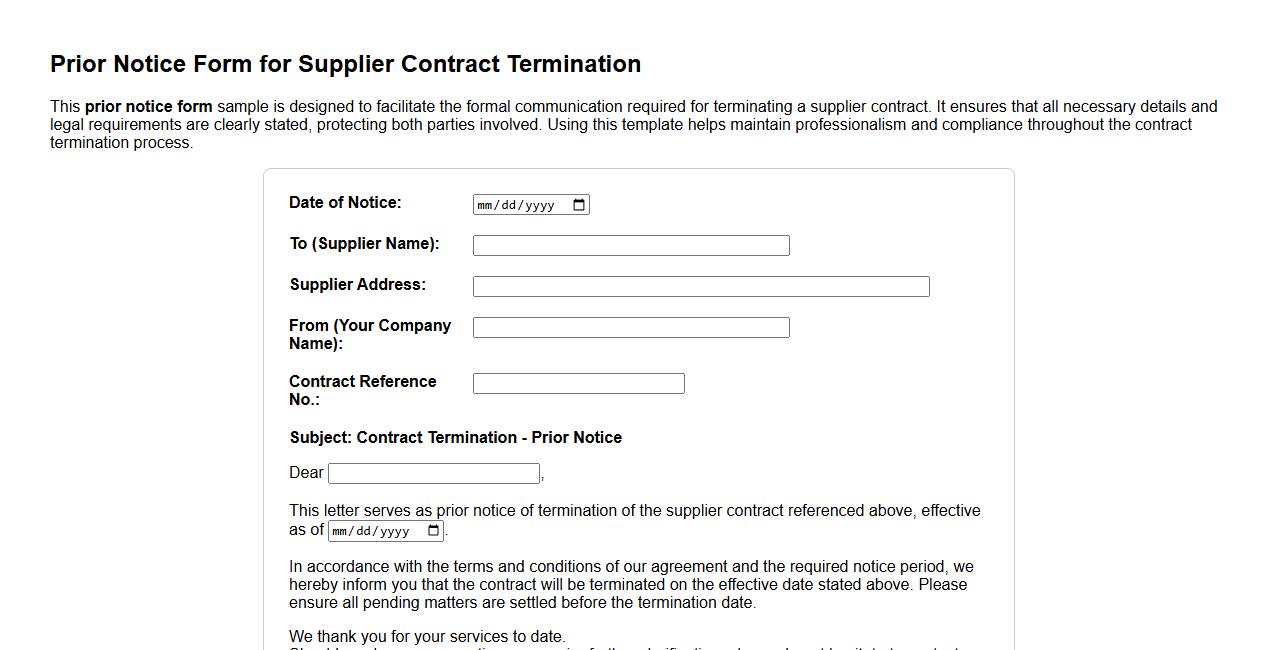 prior notice form sample for supplier contract termination image preview