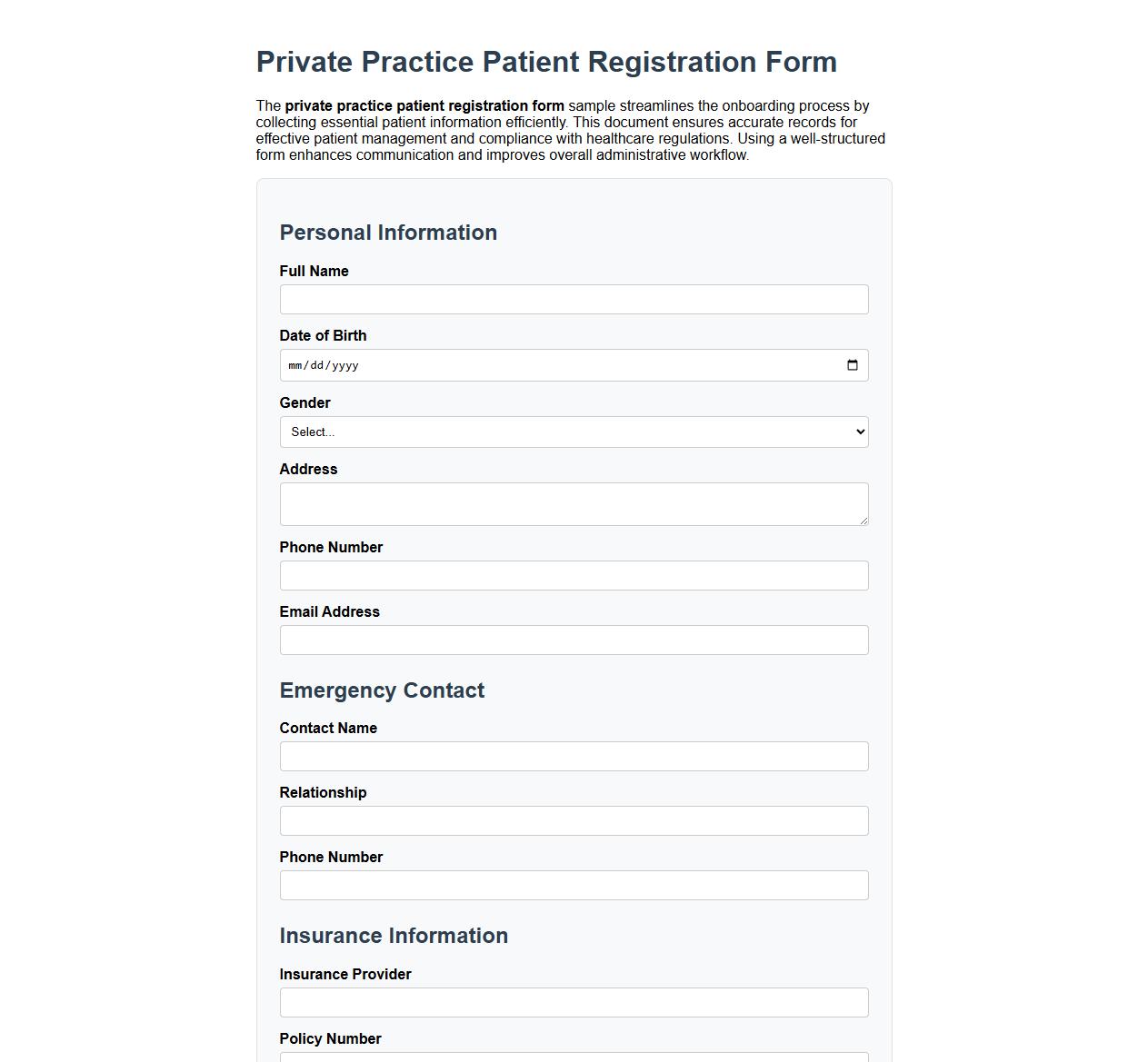 private practice patient registration form sample doc image preview