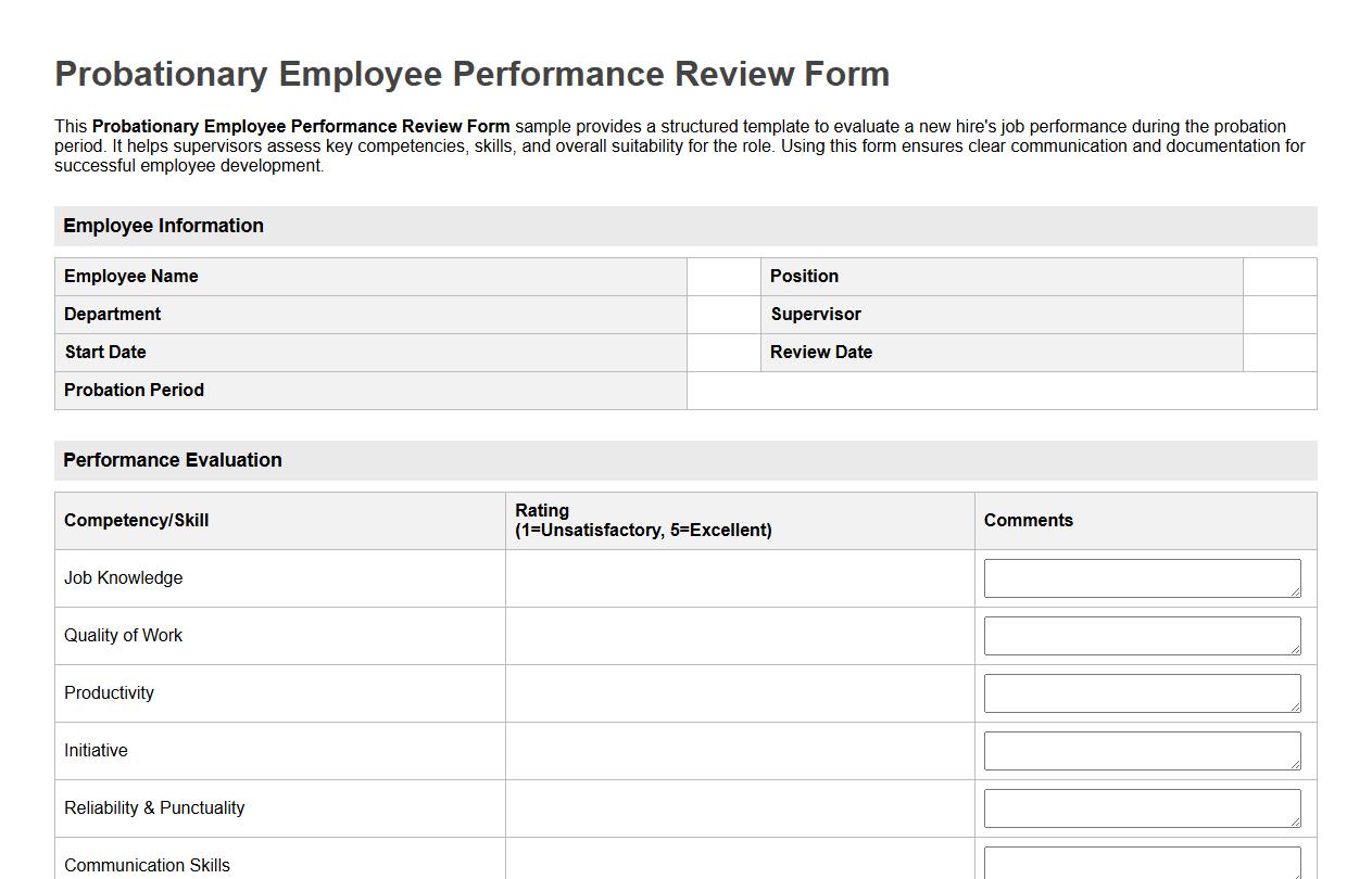 Probationary employee performance review form sample image preview