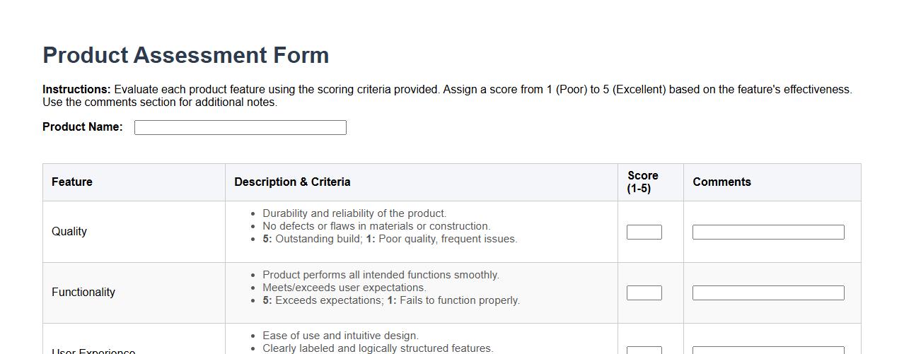 product assessment form sample with scoring criteria image preview