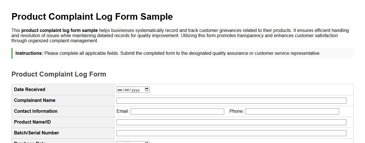 product complaint log form sample image preview