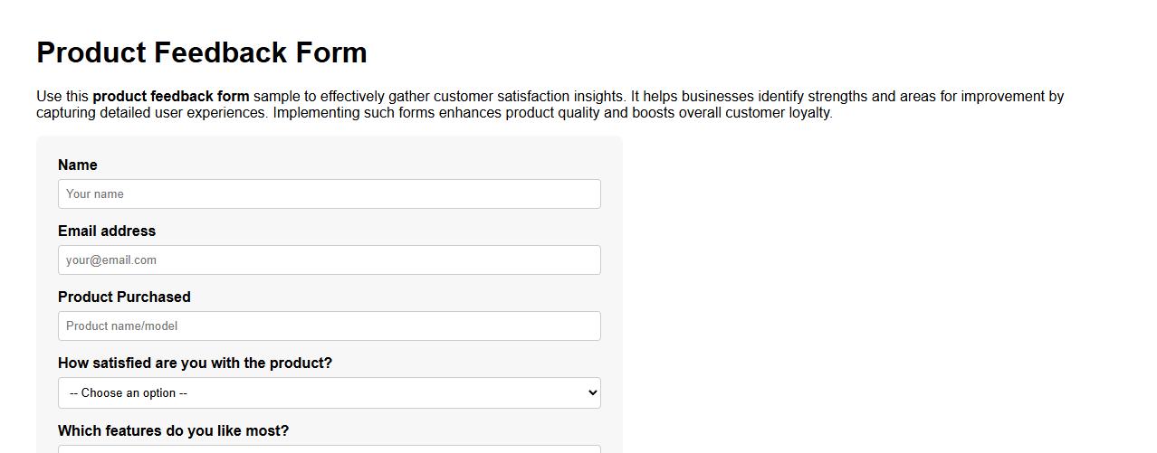Product feedback form sample for customer satisfaction image preview
