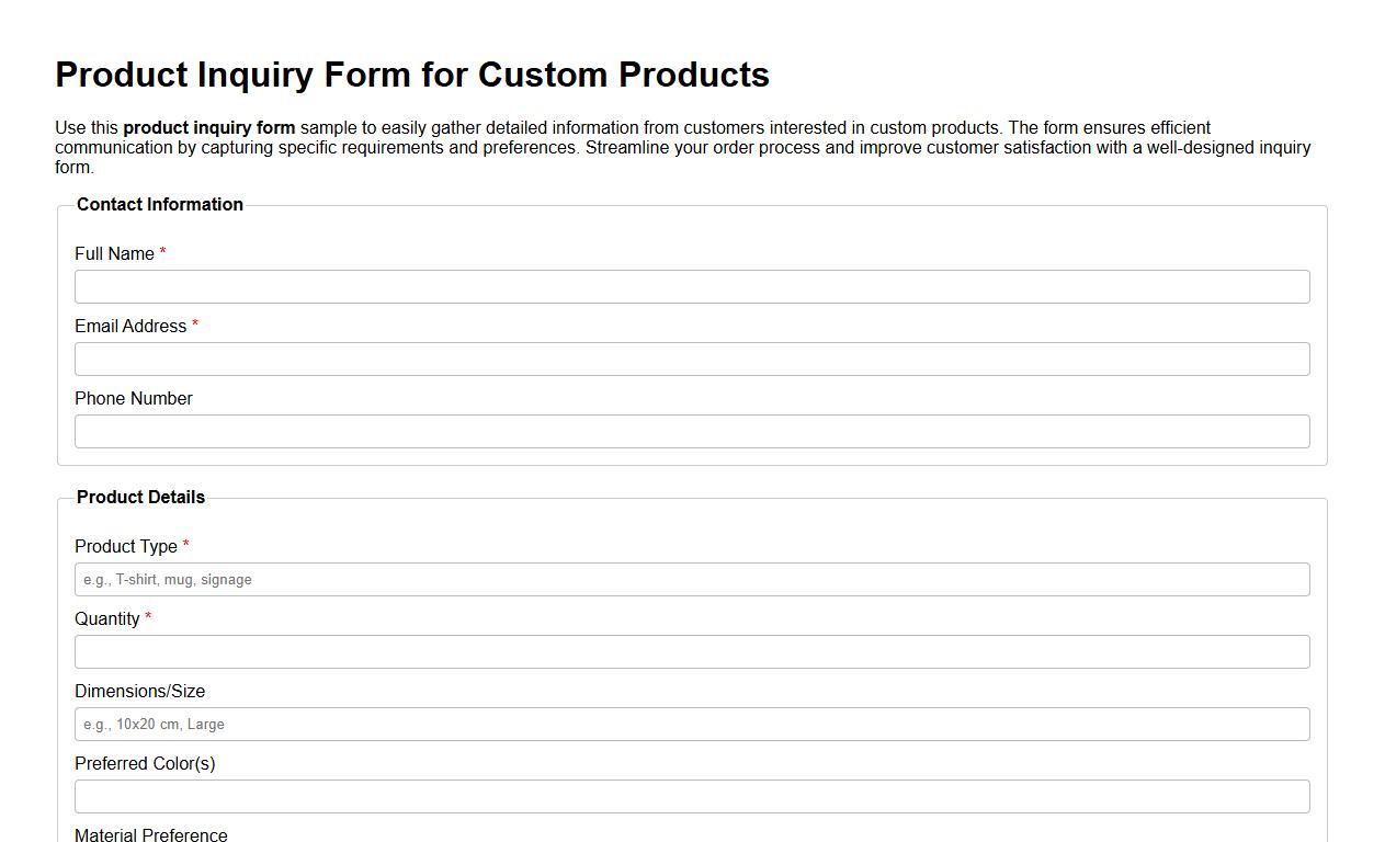 product inquiry form sample for custom products image preview