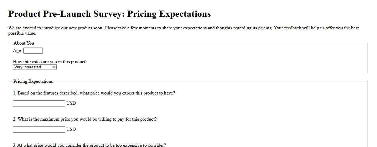 product pre-launch survey focusing on pricing expectations image preview