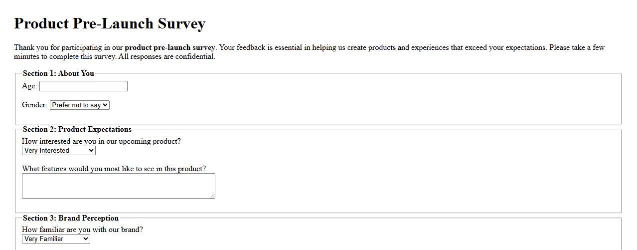 product pre-launch survey including brand perception questions image preview