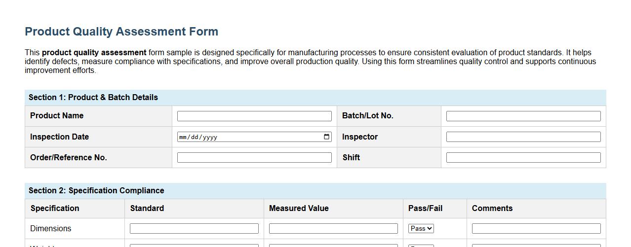 product quality assessment form sample for manufacturing image preview