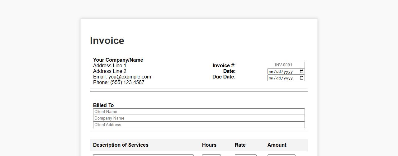 Professional blank invoice form sample for consultants image preview