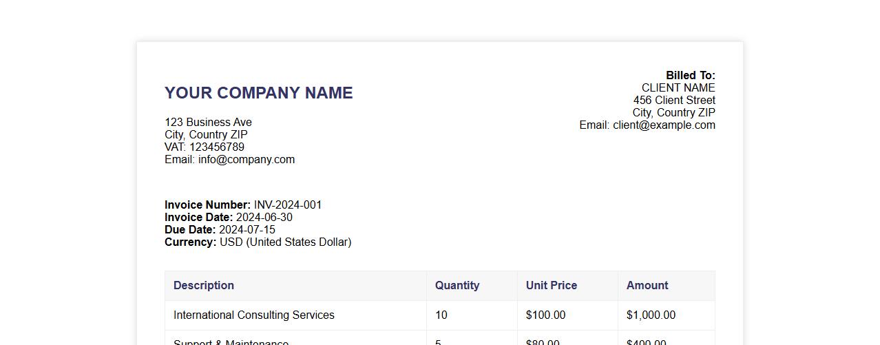 Professional invoice template for international transactions image preview