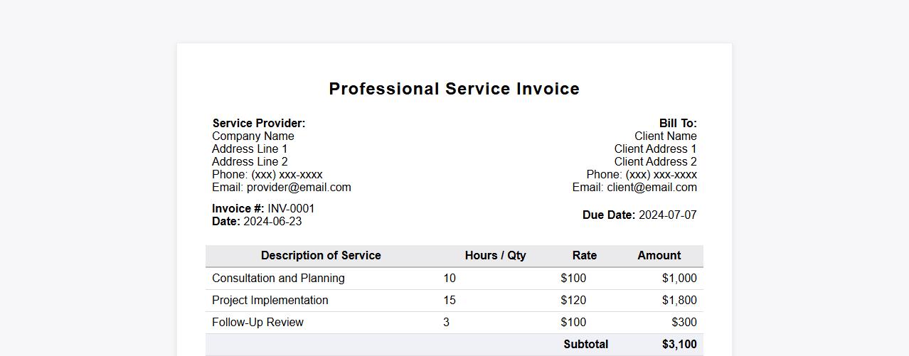 Professional service invoice form sample with payment terms image preview