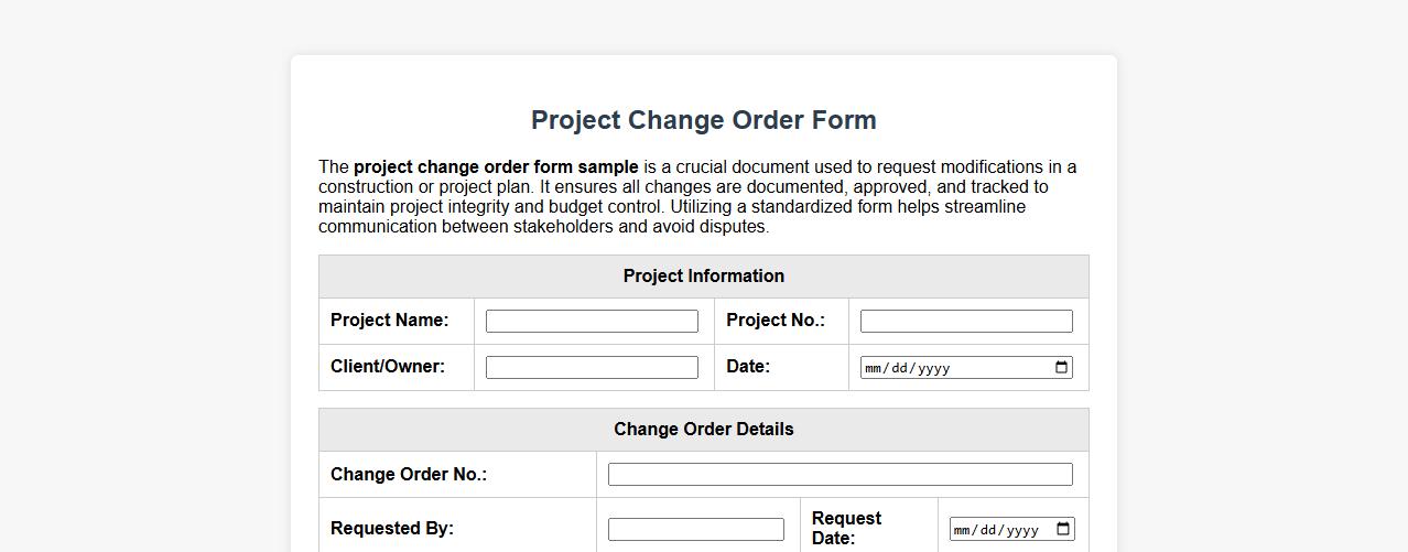 project change order form sample image preview