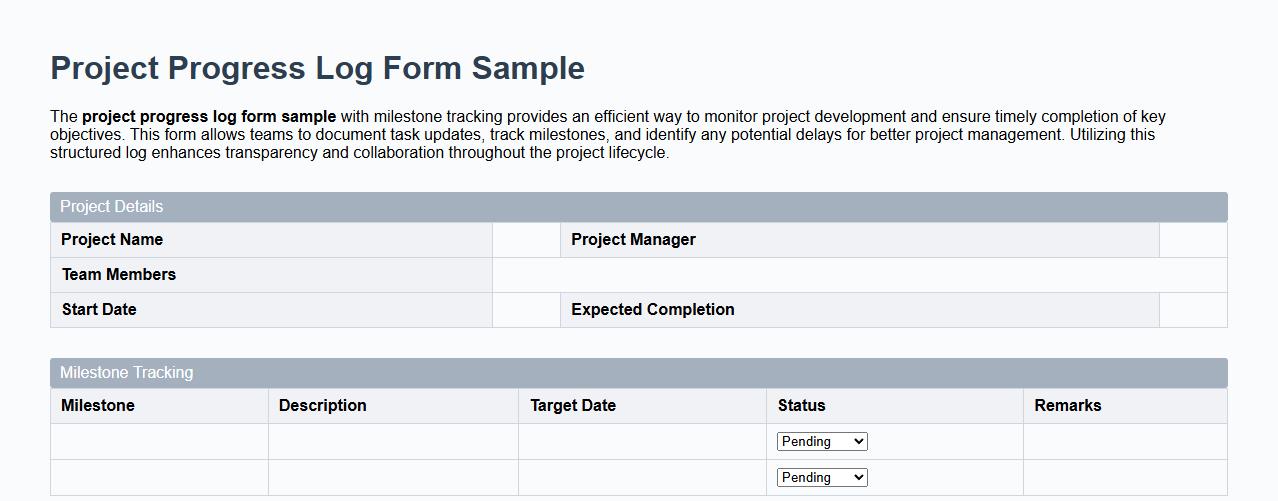 project progress log form sample with milestone tracking image preview