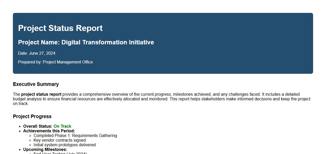 project status report including budget analysis image preview