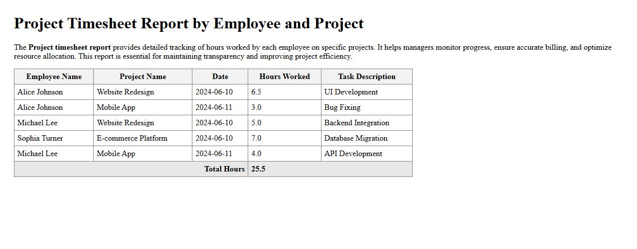 Project timesheet report by employee and project image preview