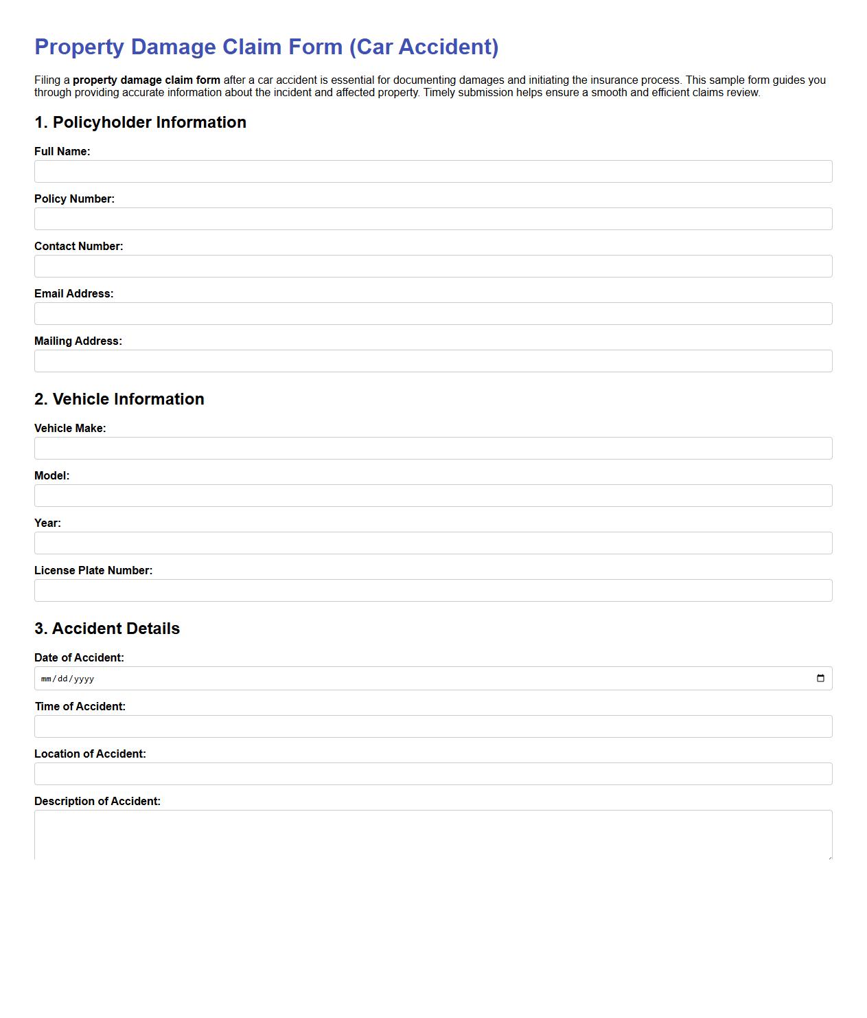 property damage claim form sample for car accident image preview