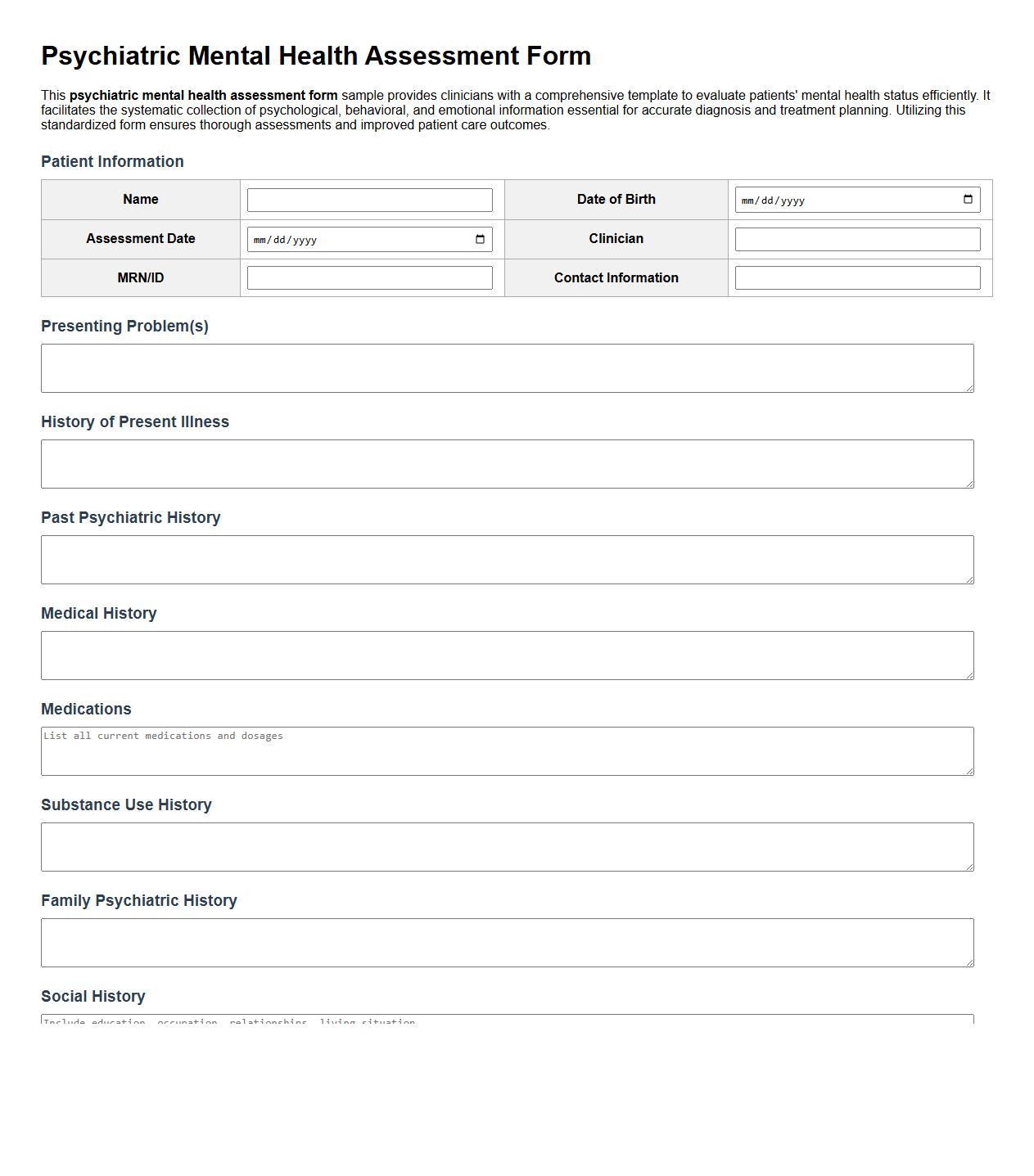 Psychiatric mental health assessment form sample for clinicians image preview