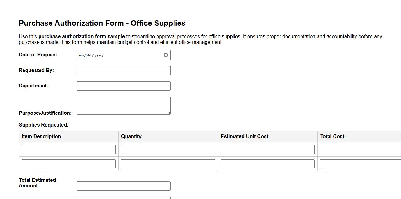 Purchase authorization form sample for office supplies image preview