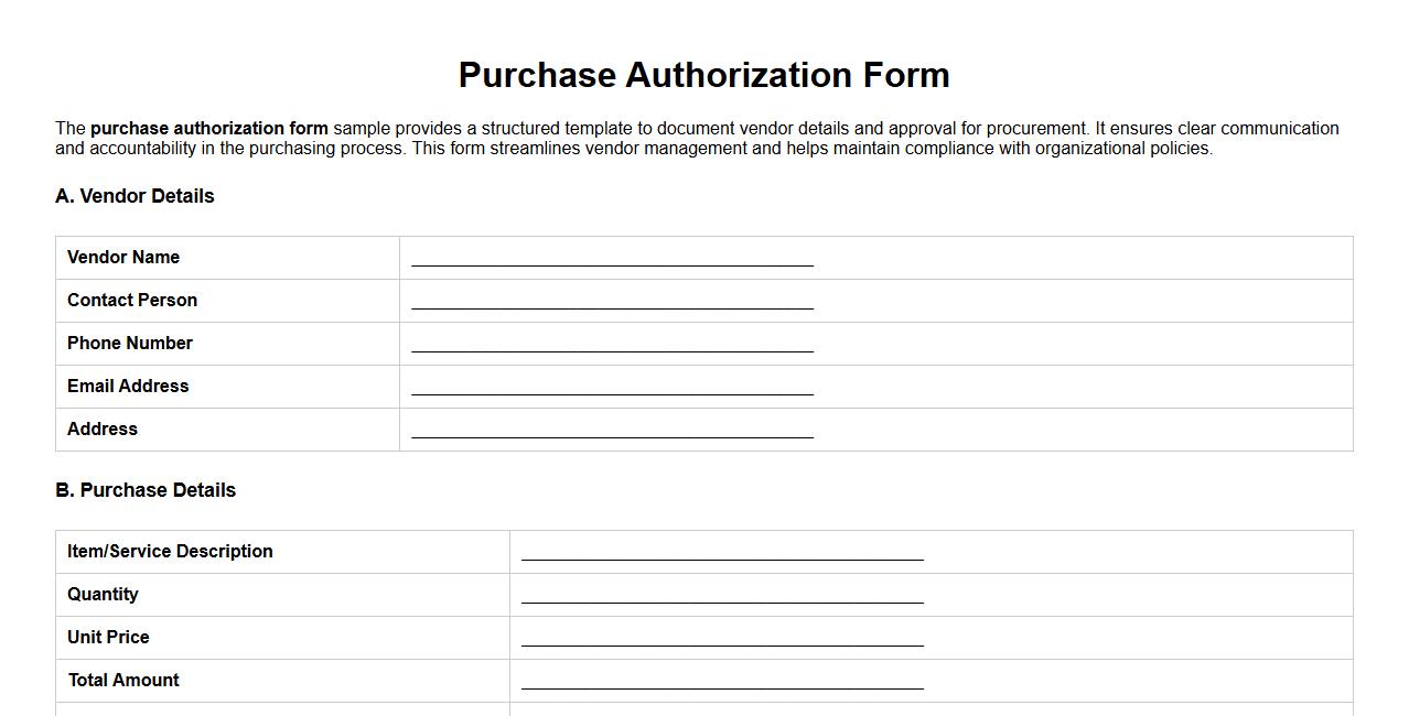 Purchase authorization form sample with vendor details image preview