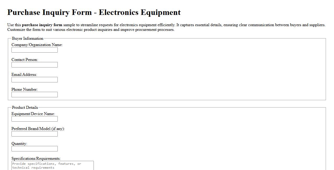 Purchase inquiry form sample for electronics equipment image preview