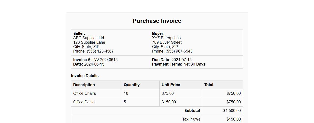 Purchase invoice sample with payment terms image preview