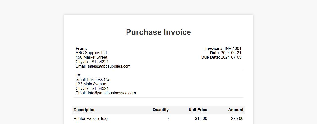Purchase invoice sample for small business image preview