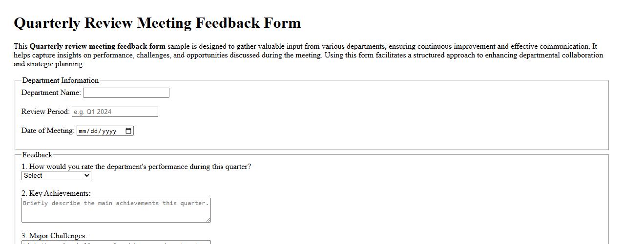 Quarterly review meeting feedback form sample for departments image preview