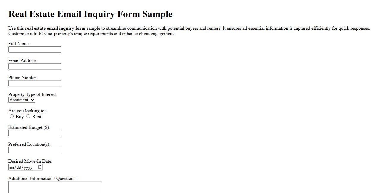 Real estate email inquiry form sample image preview