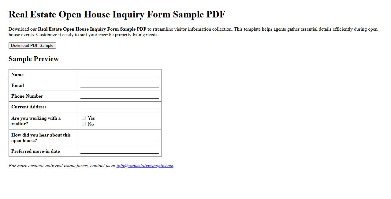 Real estate open house inquiry form sample PDF image preview