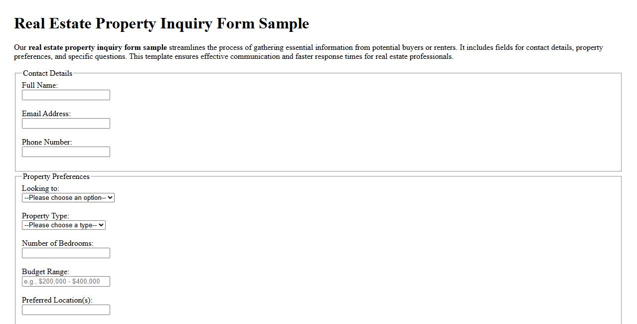 Real estate property inquiry form sample image preview