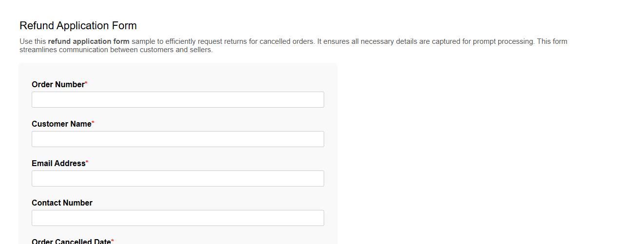 Refund application form sample for cancelled order image preview