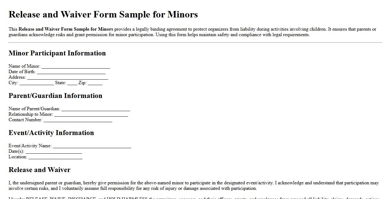 Release and Waiver Form Sample for Minors image preview