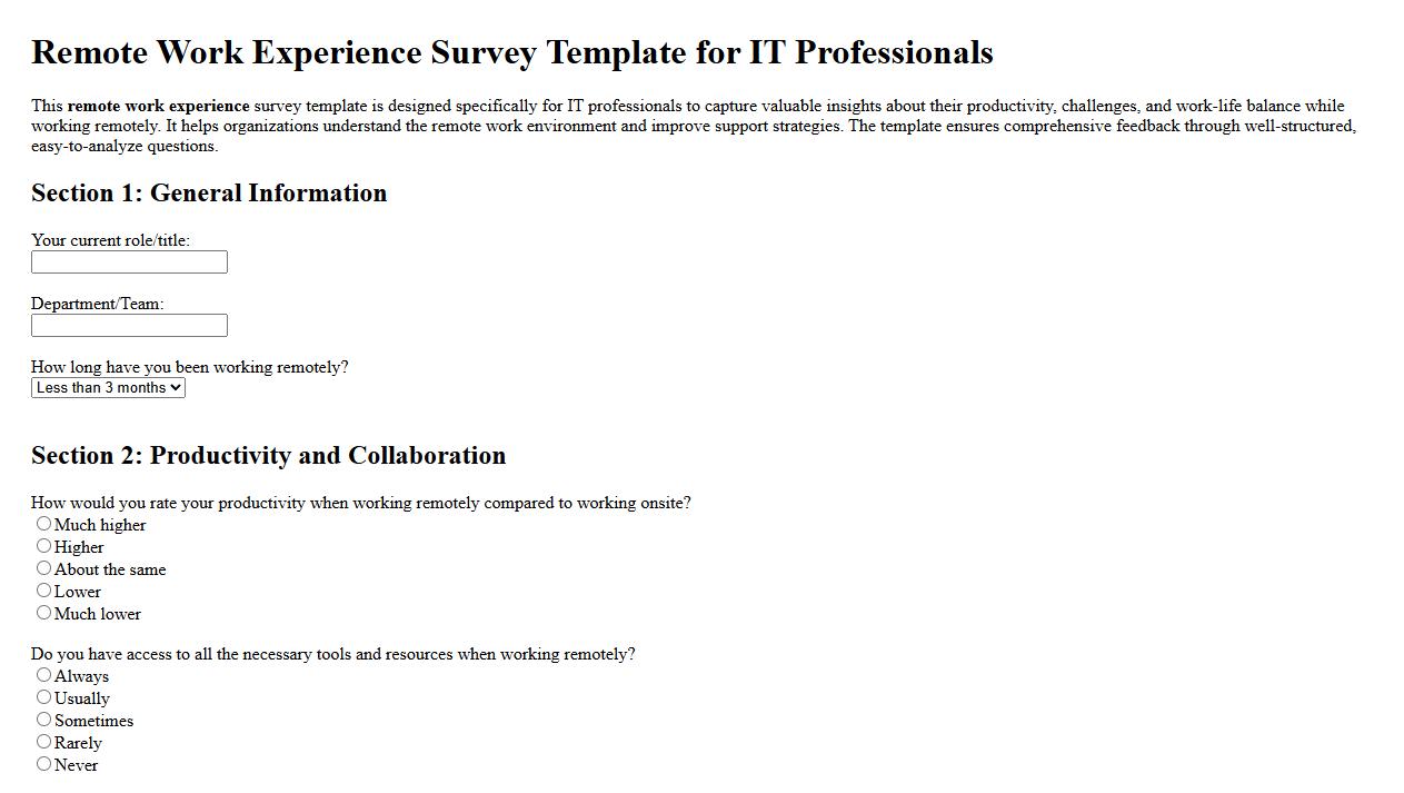 Remote work experience survey template for IT professionals image preview