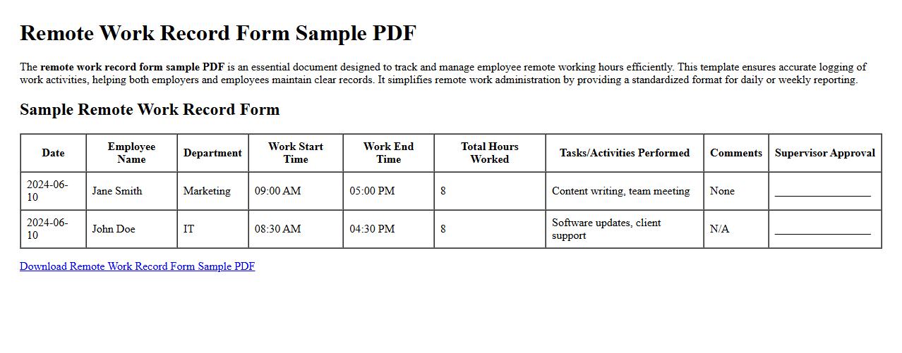 remote work record form sample pdf image preview
